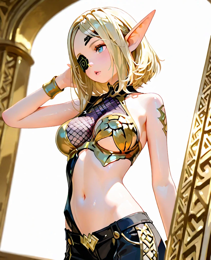 Highest quality、Very detailed、High resolution、16k、Thin contours、耳の長いElf、Nipples are visible、Shining golden armor、Gold bikini armor、Very large breasts、Very large breasts、Very transparent white skirt、Black pants、chest proportion、Smile of the Goddess、Very white skin、Beautiful fingers、Perfect Style、Elf、No bra、Blonde hair and blue eyes、Cool smile