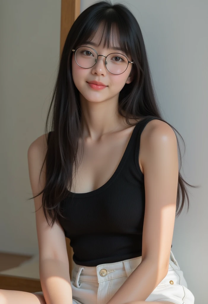 there is a woman with glasses standing against a wall, with glasses, 18 years old, she is wearing a black tank top, asian girl, 2 2 years old, young and cute girl, beautiful asian girl, 21 years old, 1 8 yo, with glasses on, sie boob, 2 7 years old, 2 3 years old, thick glasses