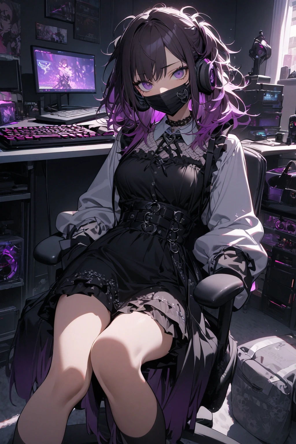 masterpiece,1girl,solo, purple hair, metal collar, tears,cry,tearing up, white legwear, chain leash,arms behind back:1.2,kneeling,bondage,bdsm, high ponytail,