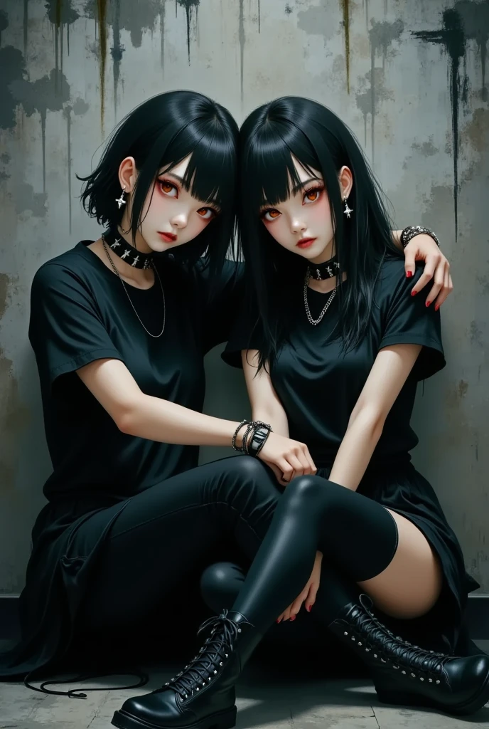 black angel woman black clothes red hair and eyes with a girl with black hair red eyes
