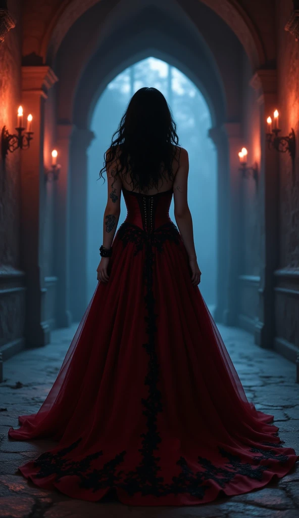 A hyper realistic fantasy, eery oil painting of a dark, and gloomy cave, lanterns line the wal, casting a glow on cave. A beautiful gothic female vampire emerges from the darkness, wearing a red dress, with black lace, eyes a soulless black, with red lips, showing two fangs. I the background is a cloudy night. With only a little moonlight.