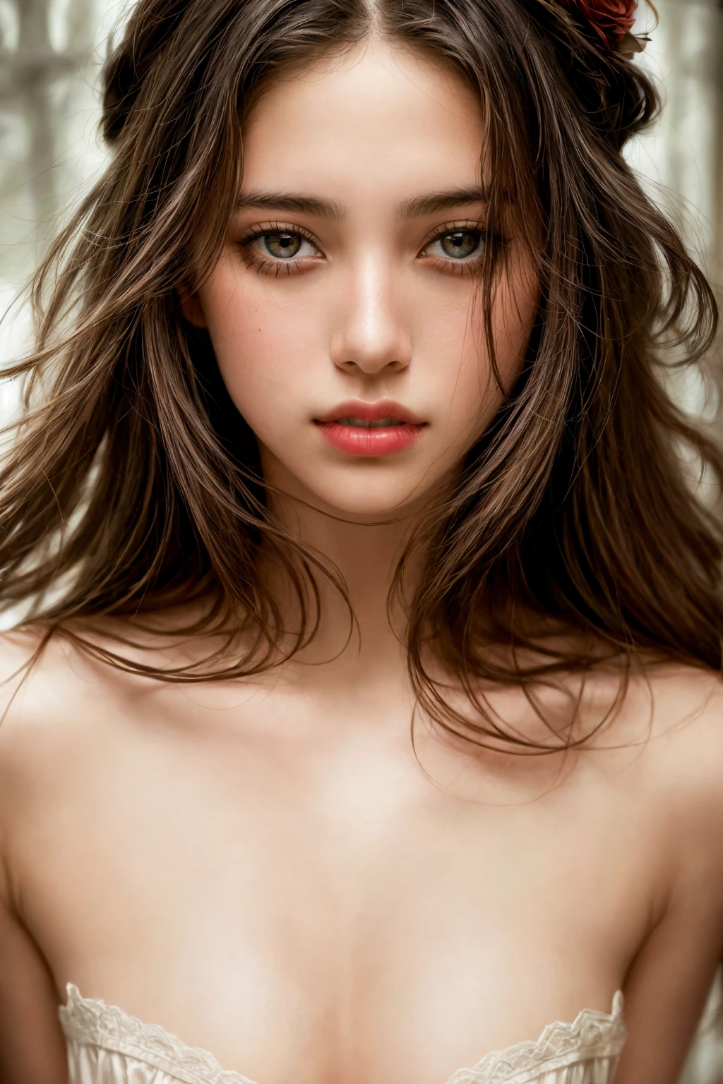 (realistic, photo-realistic:1.37),(8k, RAW photo, best quality, masterpiece:1.2), cute, ultra-detailed,heart-shaped pupils,physically-based rendering, ultra high res, kodakvision color, shot on Arricam LT Camera, bokeh, sharp focus,
looking at viewer,photorealistic,realistic, solo, photorealistic, best quality,extremely detailed face,extremely detailed eyes and face, beautiful detailed eyes,absurdres, incredibly absurdres,haunting smile,Messy hair, floating hair, ,