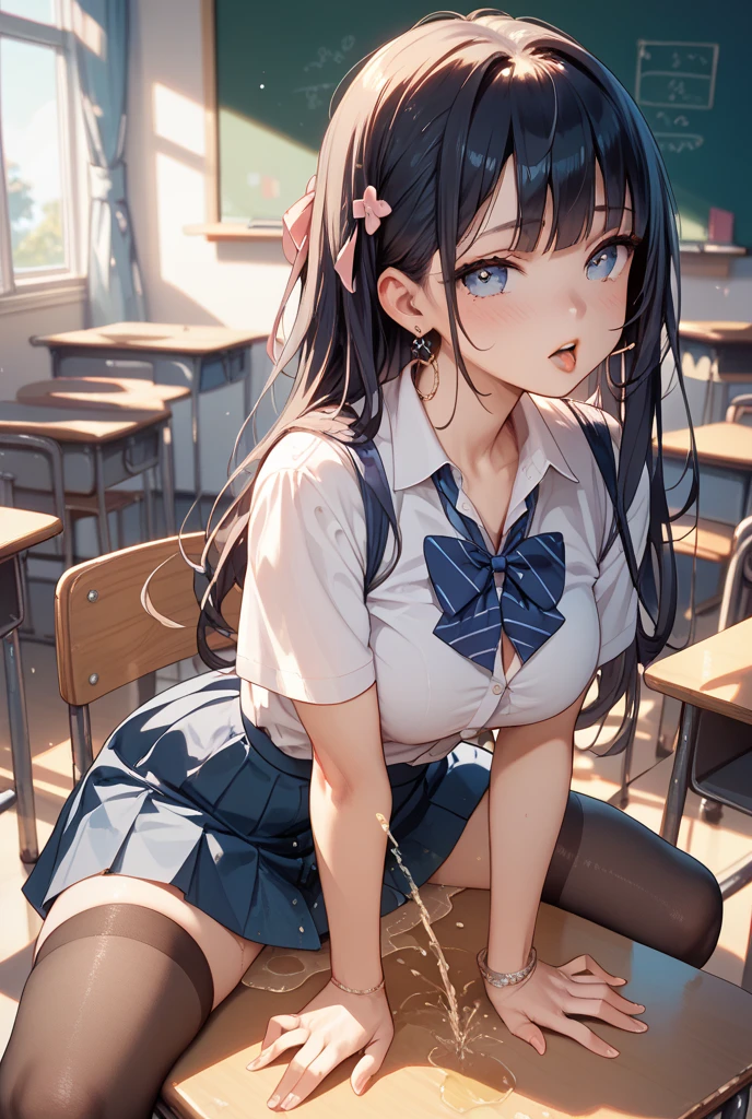 Anime style girl from Japan, (2:1), Cartoonish yet sexually tantalizing, (NSFW), (Masterpiece), Radiant, hand-drawn features, (1600x900 pixels), Detailed, expressive eyes, Delicate blush, , voluptuous curves, (Schoolgirl outfit: 1.5), Kneeling on the floor, with plaid skirt, (Bows in hair, Sucker-pacific socks peeking out), (Two people: 1.5), Man towering behind, Both figures in focus, (Japanese background: 1.0), Cherry blossoms in full blo