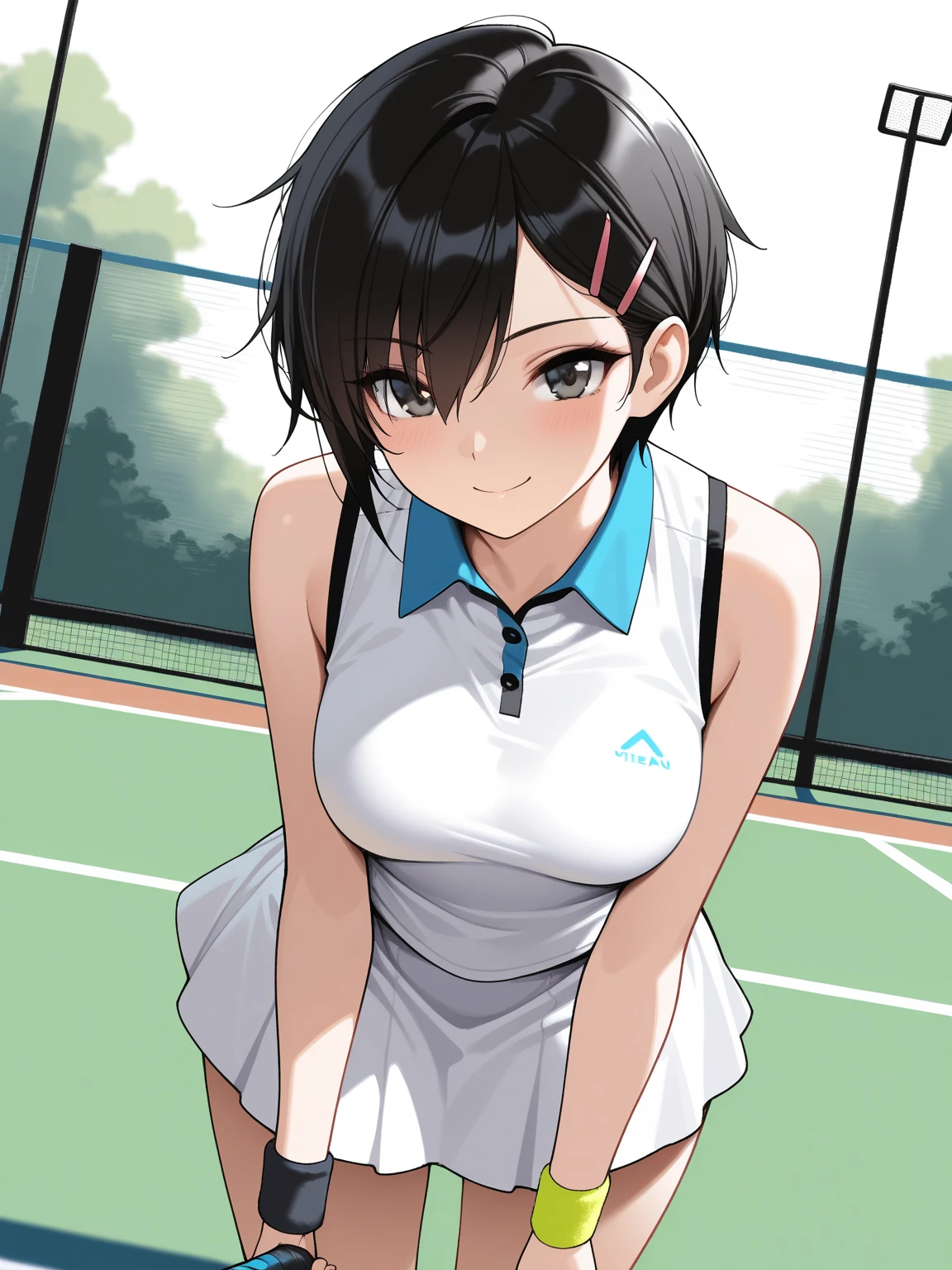 ((Masterpiece)), ((Best Quality)),(Beautiful Detailed anime FACE),Ultra High Resolution, Caustics, Detailed,Perfect Anatomy,nsfw,cowboy shot,solo20 year old beauty、Japanese、black hair,short bob hair,black eyes,slender body,ideal ratio body proportions,medium breasts,tan skin,gleaming skin,oily skin,shiny skin,(sweat:1.4,kneeling),painful expression、heavy breathing、steam,,(tennis wear、white polo shirt、White pleated mini skirt、perfect white panties,Clothes that are see-through with sweat),outdoors、Tennis court、