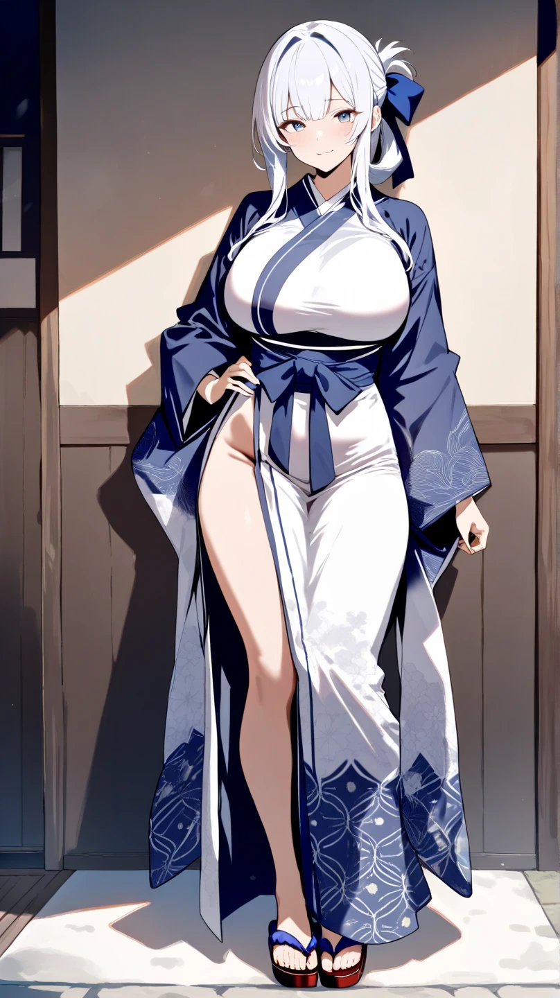 1 Girl,独奏,Masterpiece,White hair,Blue Eyes,yukata,Cleavage,Huge breasts,Huge breasts,Breast sagging,Heavy breasts,Huge breasts,White,Big Ass,Hips,No shoes,Standing,Bend down,Back view,Look at the camera,The background is by the bed,Stick your butt out