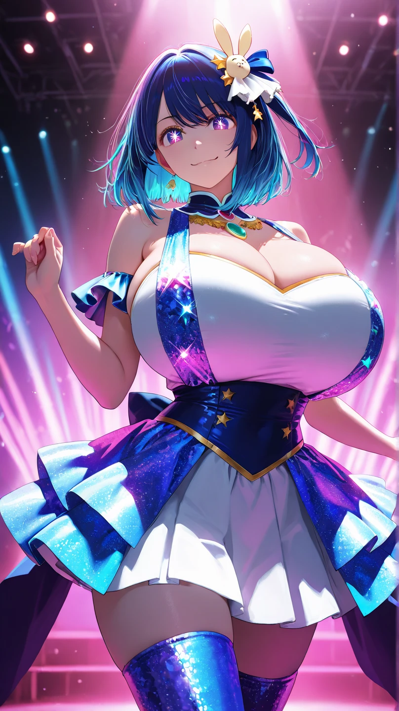 (masterpiece, best quality:1.2), intricate details, <lyco:GoodHands-beta2:1>, <lora:arcade_sona-000010:1>, arcade sona, 1girl, twintails, necklace, earrings, star hair ornament, fingerless gloves, cleavage, blue hair, (mature female:1.2), light smile