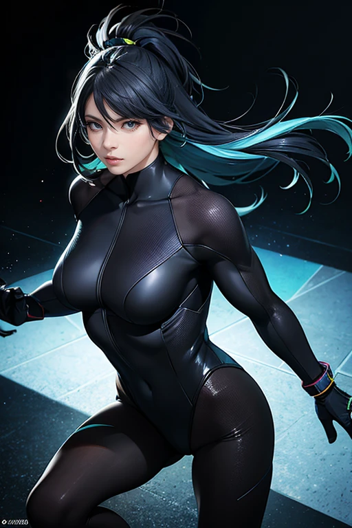 1 woman/Kamen Rider/Batman/Mega Man-x, Max resolution/detail/quality/sharpness. Unreal Engine 5, Disney/Anime style, Mortal Kombat/Kamen Rider Universe, she has long flowing hair with braids, breasts1, huge, extremely tight clothing on the body, looking at the viewer, smiling, Fight position, closed fists, in a futuristic city all destroyed raining heavily, body all wet.