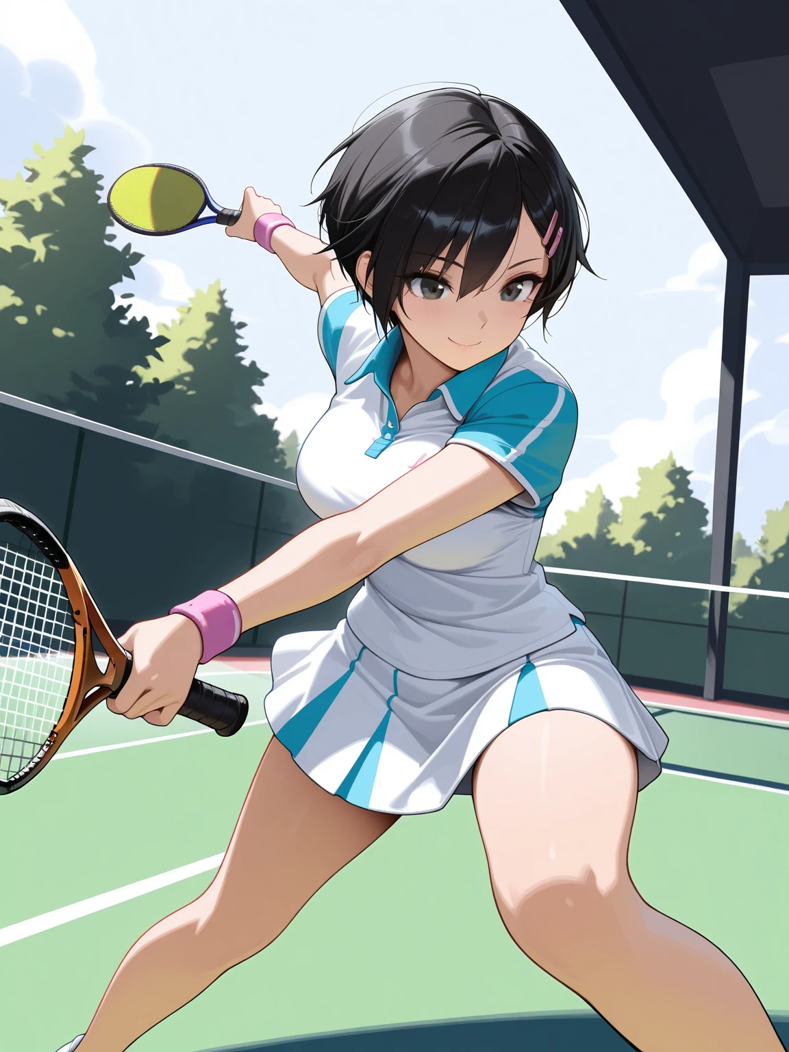 1girl, 独奏, White polo shirt, White sneakers, tennis wear, white mini-skirt, tmasterpiece, Best quality at best, realisticlying, ultra - detailed, (shiny skins, perspired:1.4), absurderes, looking at viewert, with short black hair, with brown eye,slenderness,Dynamic light and shadow,A high resolution,Sharp focus,depth of fields,The eyes are delicate,Sharp pupils,pupil realistic,extremely large bosom:,(Thigh thick:1.0),exteriors,Skysky