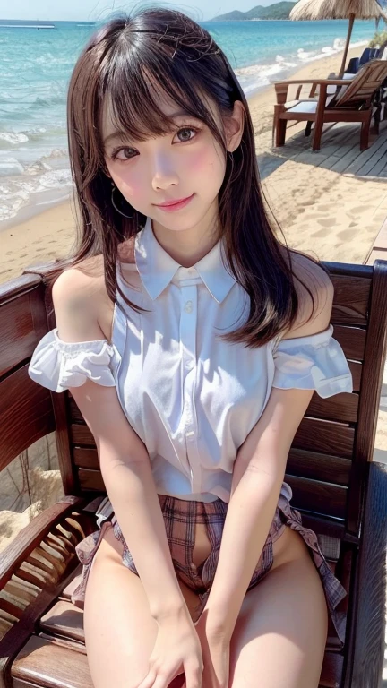 hight resolution, top-quality, Perfect dynamic composition, Beautiful detailed eyes, off shoulders、Radiant hair、Medium Hair, Natural Color Lip, college aged、Harajuku、A slight smil、Crouched figure、M-shaped legs Narrow waist、Sailor suit、Not wearing a skirt、pubic hair、/Pussy t excited and show off your genitals ))utiful pussy、real pussy)))