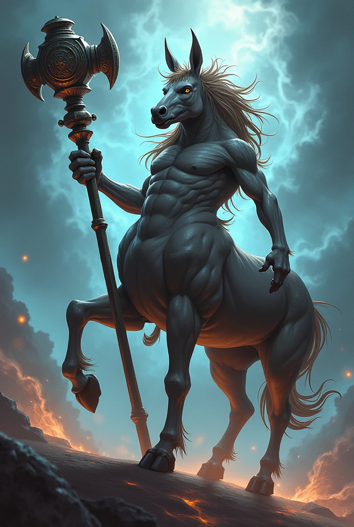 a Centaur, black, Dreadlocks, Toned Muscles, Hold a long spear with hands, expensive, full house, Cool silhouette, superhuman power, Strong Will, Impact with flame spark, shock wave, dark background,
