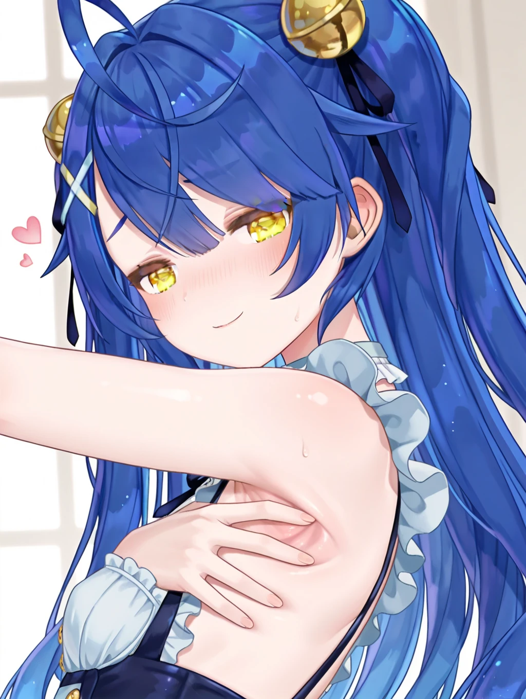 highest quality, Super detailed, masterpiece, アニメ, One Girl, alone, Cure Sky,Blue Hair,Long Hair, Feather hair ornament, Black Gemstones, Are standing, blush, (Beautiful fine details), Highly detailed face, Perfect lighting, Highly detailed CG, (Perfect hands, Perfect Anatomy), Shiny material, Blue ribbon, jewelry, Latex gloss,Red Eye,dark aura,Straight hair,Nude,His hands are tied above his head,spoken heart,heart,nsfw,fellatio,open mouth,vaginale,Sex,cum on tongue ,On the bed、Inside the room、cum on head,cum on body,excessive cum