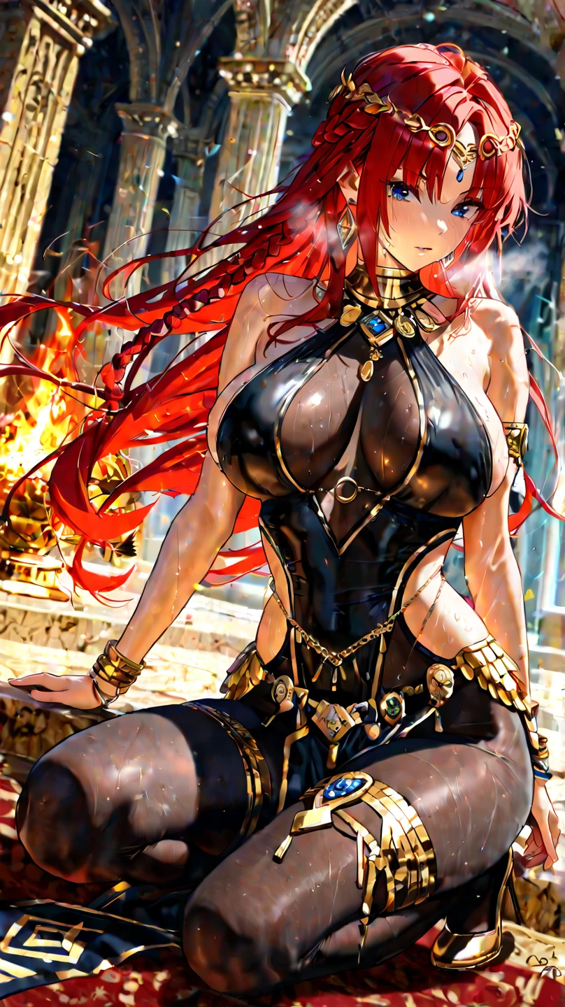 (masterpiece, high quality, highly detailed)
A beautiful demon woman, in her 30s, with goat-like horns. She has long, flowing red hair and piercing red eyes, with fair skin and pointed elf-like ears. Her body is beautifully curved. She stands in the midst of a crumbling castle, the aftermath of a fierce battle visible around her. Her face shows signs of fatigue, and she has various injuries on her body. She wears revealing medieval-style clothing, primarily in black, that accentuates her curves. The woman stands with her arms open in a dramatic or heroic pose, reminiscent of Homelander from The Boys. The background features the ruins of the castle, with debris and broken walls, adding a dramatic and melancholic atmosphere to the scene. The lighting is dramatic with dark tones, and the sky appears to be at twilight or dawn.