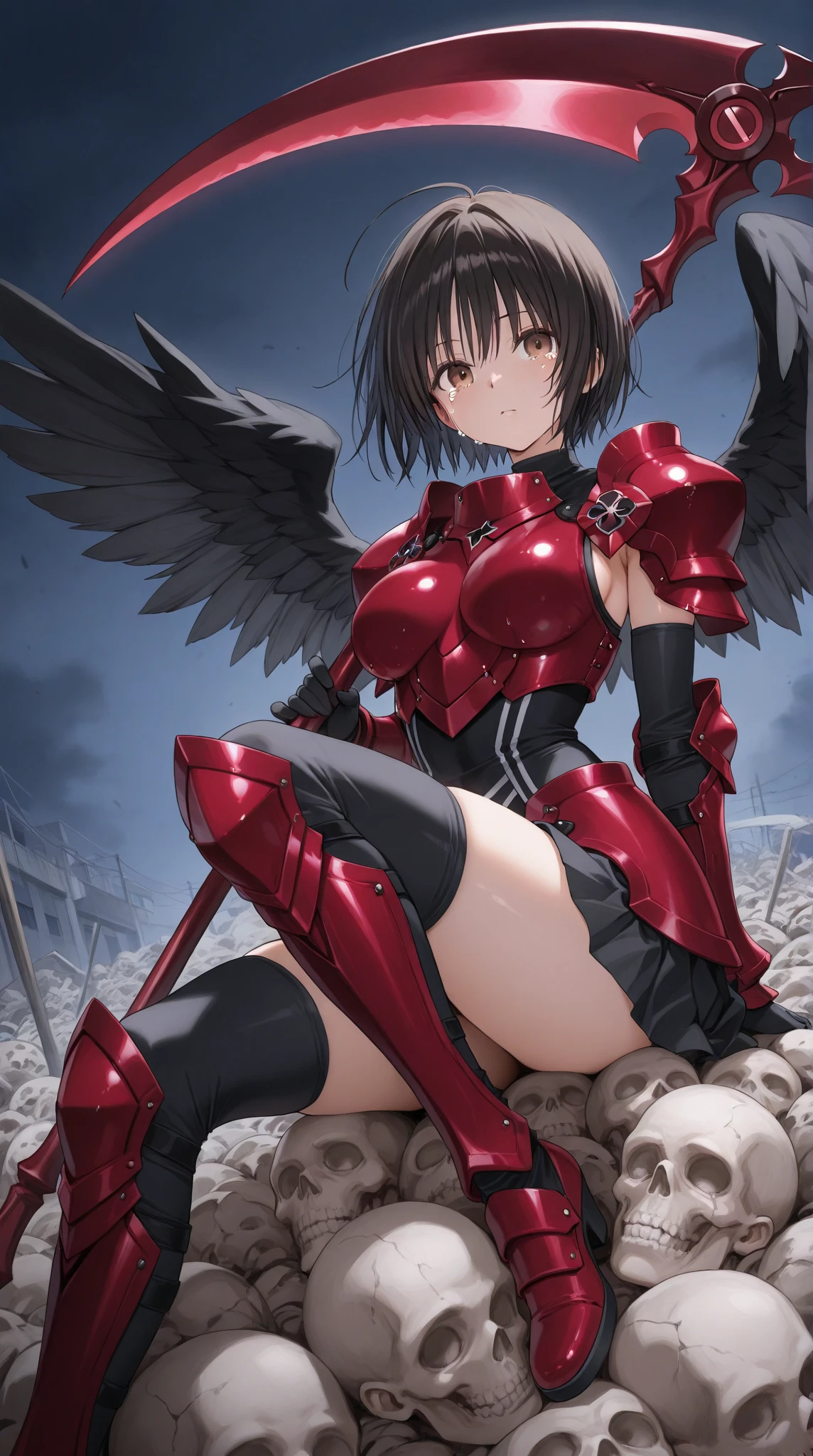 female knight Black Hair armor Torn white skirt No underwear torn white tights battlefield Leaking pee