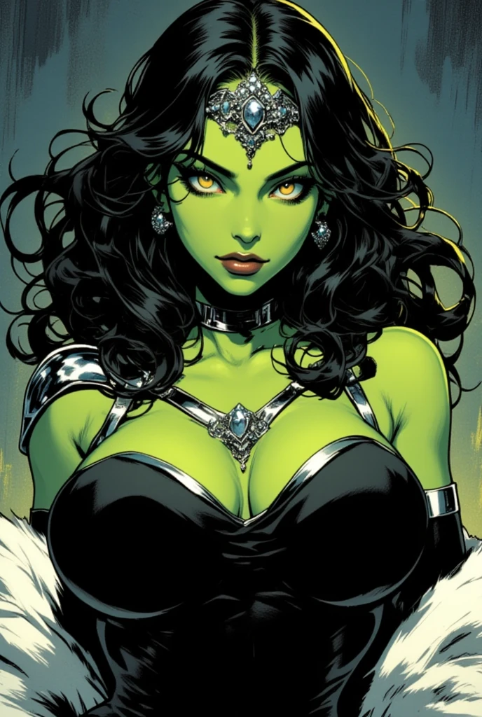(masterpiece, top quality, best quality, official art, beautiful and aesthetic:1.2), (1girl:1.3), black hair in dreadlocks, extremely detailed, portrait, looking at viewer, solo, (full body:0.6), detailed background, close up, gold eyes, (cool space ship theme:1.1), (((green skin, scales, scaly skin, clawed fingers))), green reptile alien shapeshifter woman, charlatan, sinister smirk, mysterious, shapeshifting in a spaceship, revealing jumpsuit, black leather, long boots, buckles, straps, pouches, collar, sleeveless, black latex, ((((gigantic breasts, cleavage, skindentation)))), slim waist, slim hips, long legs, futuristic (starship interior:1.1) background, dark mysterious lighting, shadows, magical atmosphere, dutch angle