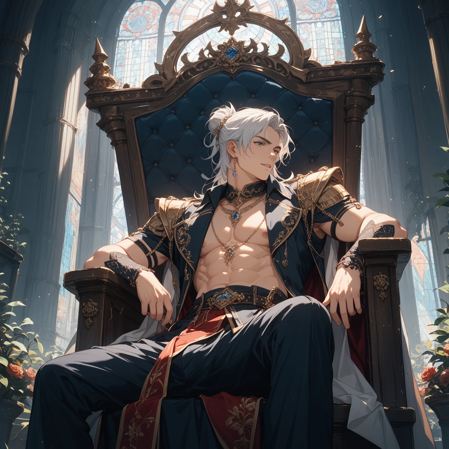 (Best Quality, Masterpiece), 1 boy sitting on an elegant throne, muscular chinese. athletic body. Messy white hair, big eyes with red irises, very pale. King suit with jewels.