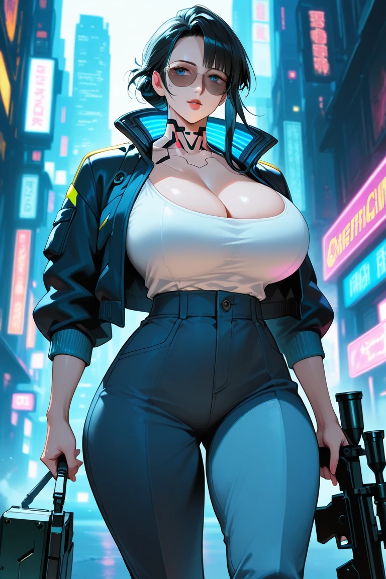 best quality,4k,8k, highres, masterpiece:1.2), ultra-detailed, extremely detailed eyes, extremely detailed body, (large masterpiece digital art), (detailed manga illustration), (detailed line art), ((perfect anatomy)), (intricate details:1.3), (ultra-detailed:1.3), (illustration:1.3), (sharp focus:1.3), (natural lighting:1.05), (vivid colors:1.3), (masterpiece), best quality, expressive eyes, perfect face, 1 girl, breasts, cleavage, gloves, large breasts, cyberpunk clothes, black jacket, dark blue hair, very long hair, messy hair, green eyes, curvy physique, athletic build, wearing black and blue uniform, shorts, fighting stance, huge ass, cyberworld, cinematic lighting, dramatic atmosphere, Beautiful woman, laser katana sword in hand, white skin, long black hair, portrait, Jeff Bridges, ((cartoon style)), Marvel Cinematic Universe style, (((cyberpunk city in the background))), soft bokeh of futuristic city, Atey Ghailan, Jeremy Mann, Greg Manchess, Antonio Moro, trend in ArtStation, trend in CGSociety, Intricate, High Detail, Sharp focus, dramatic and photorealistic painting art by Midjourney and Greg Rutkowski, bokeh in the background