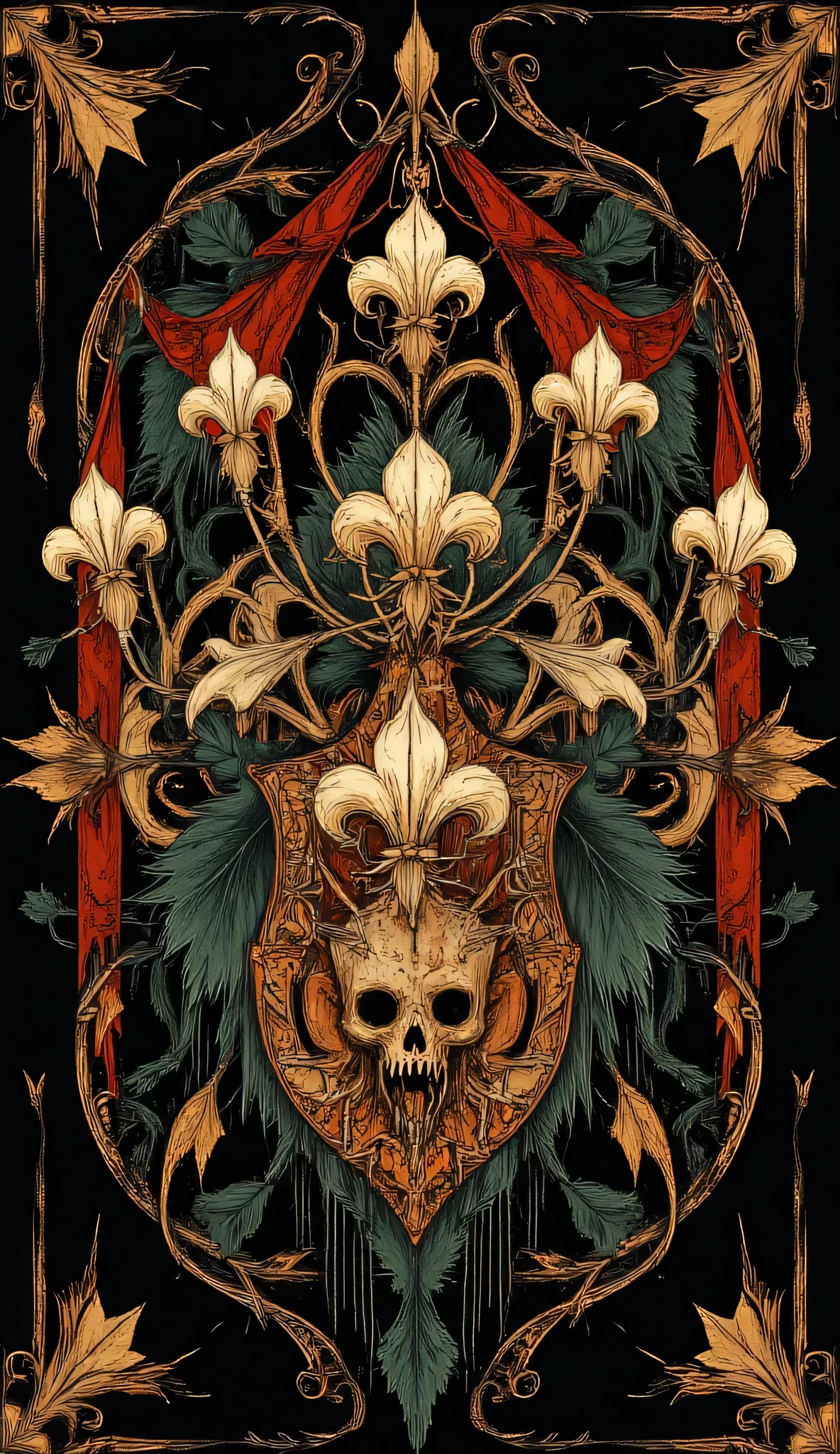 A dark wallpaper with lily flowers in the style of a royal medieval coat of arms. ((heraldic)). ((Lys)). ((Morbide)).
