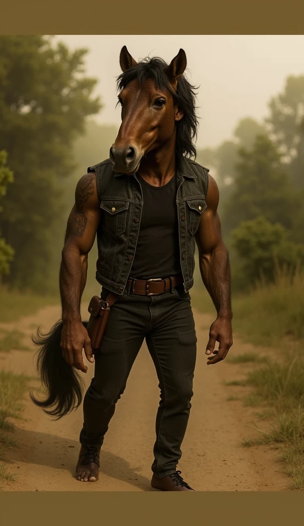 Furry, Antro, Solo, (Dark brown), Horse tail, Ponytail, Horsetail, (Male Bulge), Big Balls, Wearing a Black Leather Harness, Black bicep leather bracelet, Leather Buckle Armband, Black dark Leather Slip, Leather Slip, Black Belt, Spiked Collar, Spiked Wristbands, (Leather Bicep Arm Strap), Cowboy Hat, Spiked Anklet, Hooves, Hairy, Full Body, Braided Mane, Hairy Torso, Seen Standing, Upright Standing Pose, Blue Pupil Eyes, High Resolution, 4K Detailed, Good Lighting, Beautiful, Blue Sky Background with Green Grass Meadow, black hair