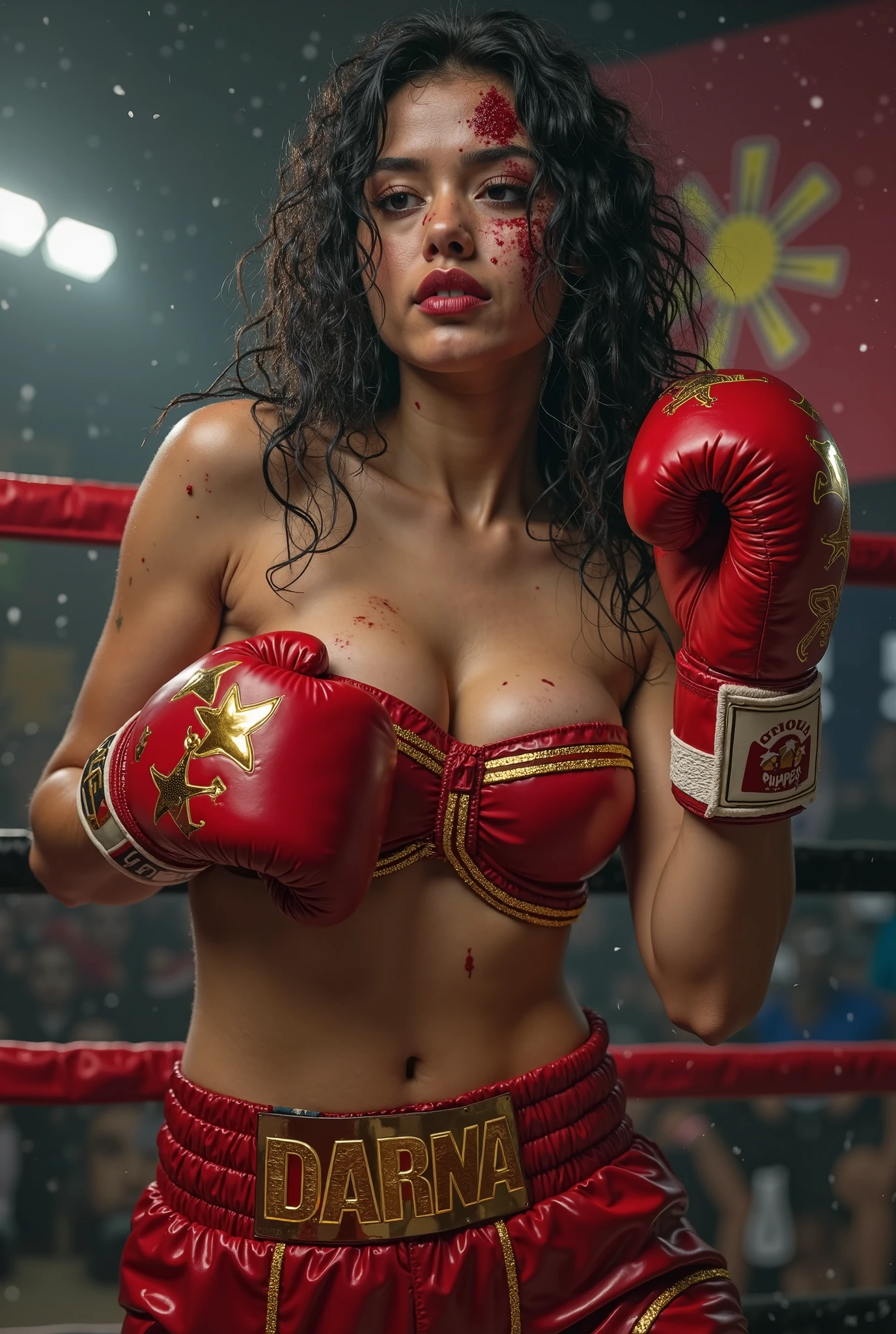 A woman wear red micro bikini, black thick long hair, red higheels, big breast, curve hourglass body, scar face, bloody face, boxing stance, pose boxing, sweaty, sweaty body, boxing ring, audience yelling at her. Dark. Underground fight
