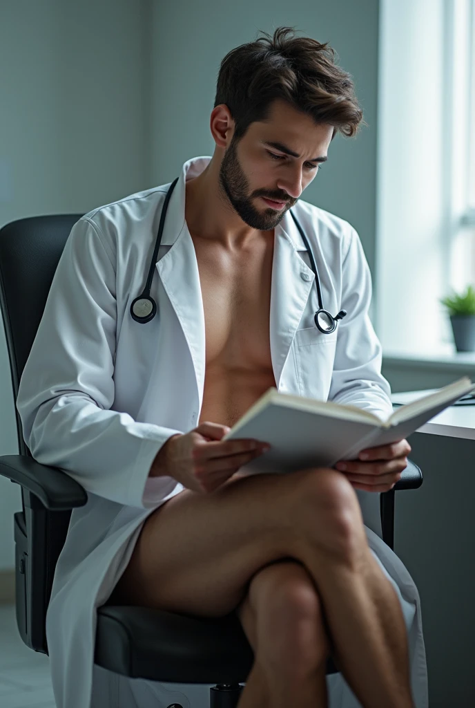 HD quality, high definition, a male doctor 18 years old handsome, muscular and slim, red lips, leaning forward pushing wall of his clinic, ((exposed vagina)) , full nude, model with bracelets, earrings, with reading glasses, fully nude and naked body, eyebrowse angry, side view, wearing flip flops, sexy and seductive, with sweat, exposed Vagina , ((with stethoscope in his neck)), mouth is open. Wearing gloves, very wet body and hair, very wet, so wet, wearing socks, full body view