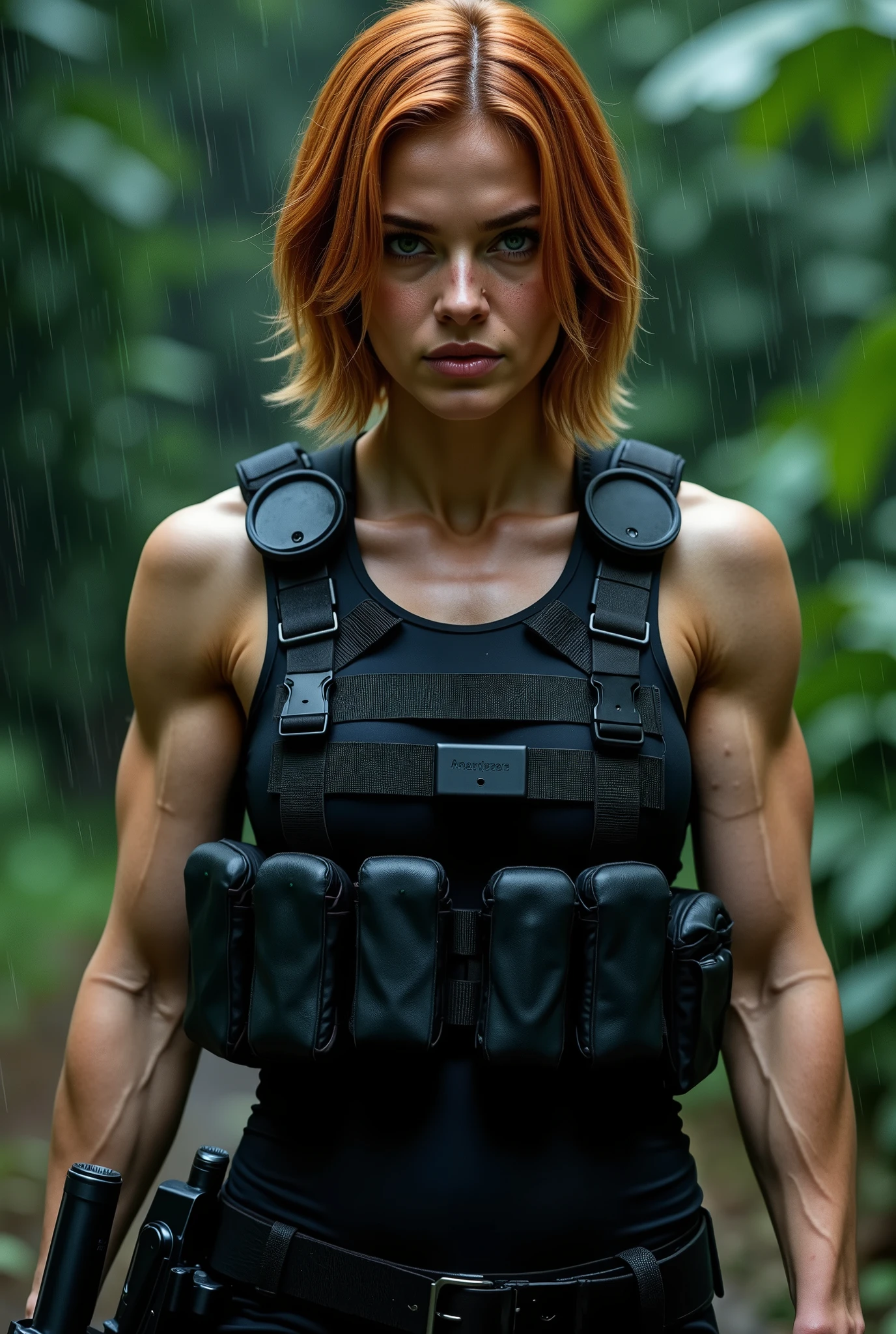 (close-up shot), (facing forwards), looking directly into the camera, A stunning skinny fashion model in full black military gear with tactical vest, utility belt, handgun holster on her side, comm's device, and she is holding a military hand gun. wet short shoulder length ginger hair, (wet ginger hair:1.9), (green eyes:1.9), (black military tactical gear:1.9), (black utility belt:1.5), (big muscular biceps), (skinny:1.5) Her expression is confident. She is walking forwards in a dense jungle at night. Heavy rain pours. The image is ultra high-definition with physically based rendering, detailed textures. (Night time:1.8), (very dark), (detailed face), (highly detailed eyes:1.3), (realistic), (photo-realism:1.4)
