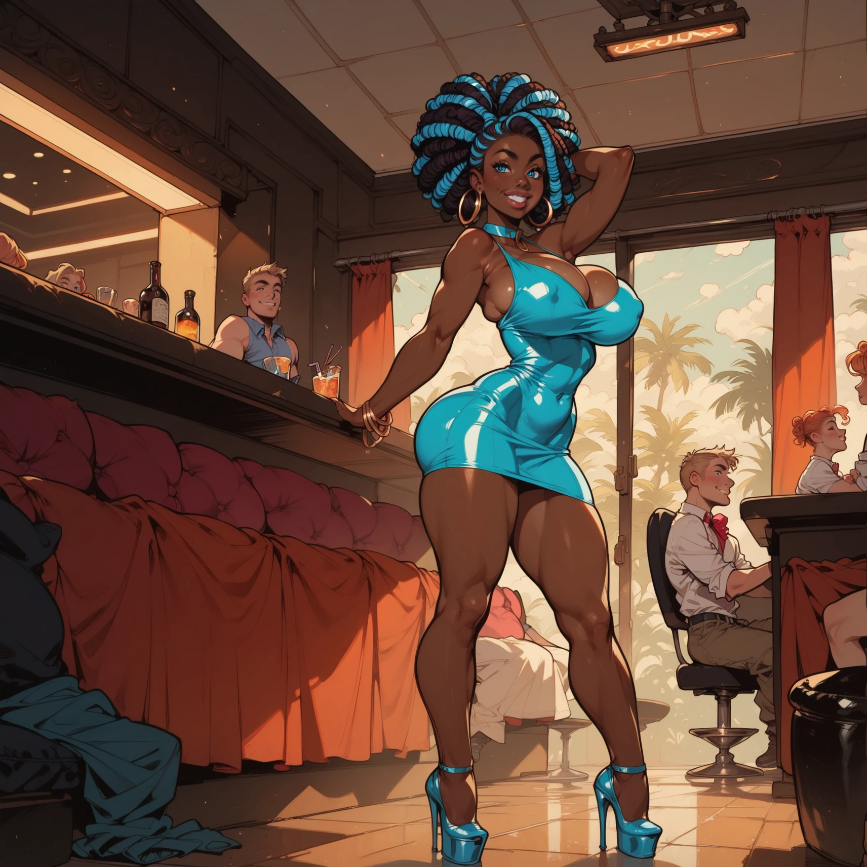 (high resolution, The pixels are perfect, luxurious illustration), (hyper qualit, Masterpiece, Ethereal: 1.4),(Solo:1.4),(((pentacle covering breasts))),(((Bare shoulders:1.4))),in the night club,(Black lace panties),(((A dance with strong Sexual suggestiveness))),Stripper, be on stage,(upside-down, ) ((Carmelto)),a mature female,Black areola,female public hair,(((nacked hip))),wetted skin, Armpit hairy,(((A MILF: 1.4))), (Curvy:1.35),((((Dark skin)))),long whitr hair,Curvy physique, Fitness model, Thick body,((Sexual suggestiveness)),Seductive smile,high-heels