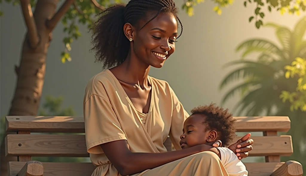 An Afro-Brazilian woman in a lush tropical garden, and your baby on your lap, with a close-up capturing the harmonious beauty between her and her baby, and the natural flowers, showing off your natural charm and outgoing personality.