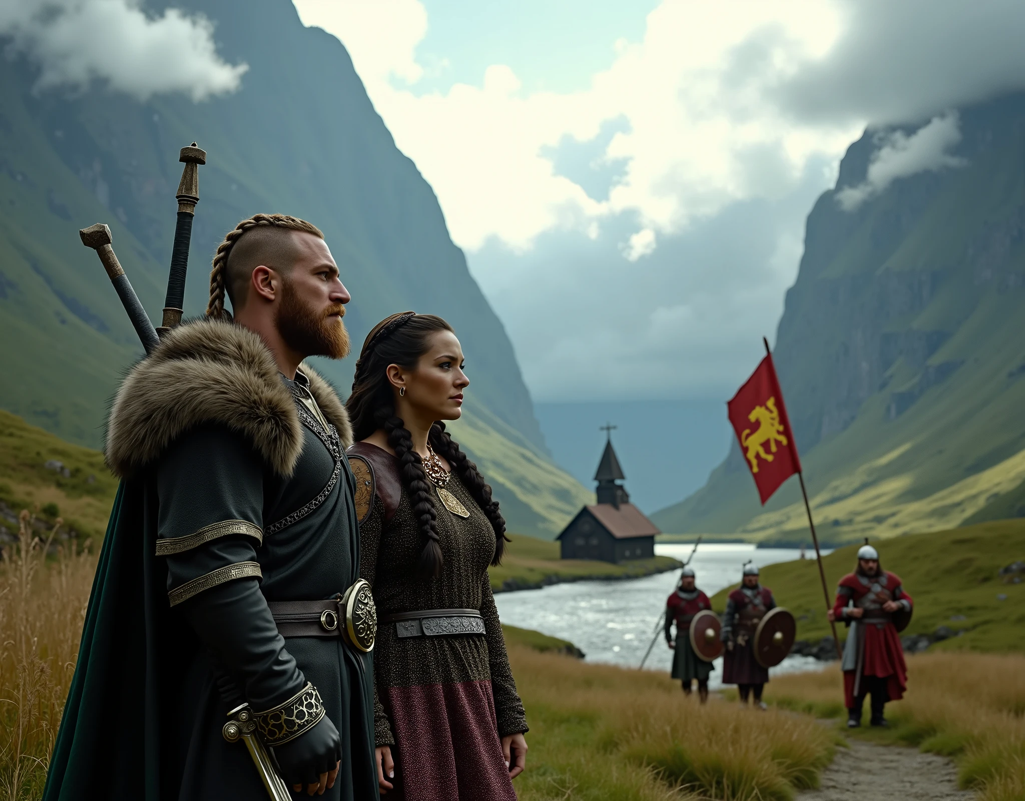 Steep and dramatic mountains are towering in the background and are slightly obfuscated by low clouds as dawn breaks and sunrays pierce through the cloud cover. A stream snakes its way down the fjord valley, revealing an ornate stave-church on the far riverbed. In the foreground stands King Ragnar Lothbrok and Queen Lagertha in regal Viking attires, defiant expressions upon their faces, draped with wolf fur tippets and Viking-style royal jewellery. King Ragnar rests his ornate sword on his shoulder, while Lagertha has her weapon sheathed. They both have long braided hair, the sides of their heads are shaved. A band of orderly Viking soldiers march from the distant Longhouse alongside the river, carrying a regal red banner with a gold lion embroidered on it, each Viking soldier is equipped with ceremonial Viking round shields and long spears. Shot on a Sony A7R IV with 50mm lens, professional DSLR, 8k resolution, HDR, noise reduction, soft cinematic lighting.