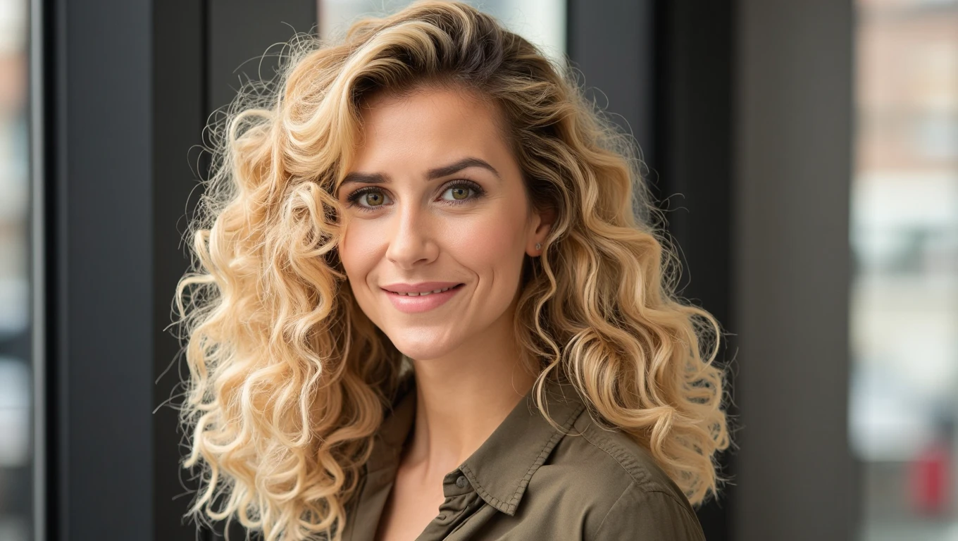 Best haircut and hair color for a 47 year old woman with curly hair and white skin color 