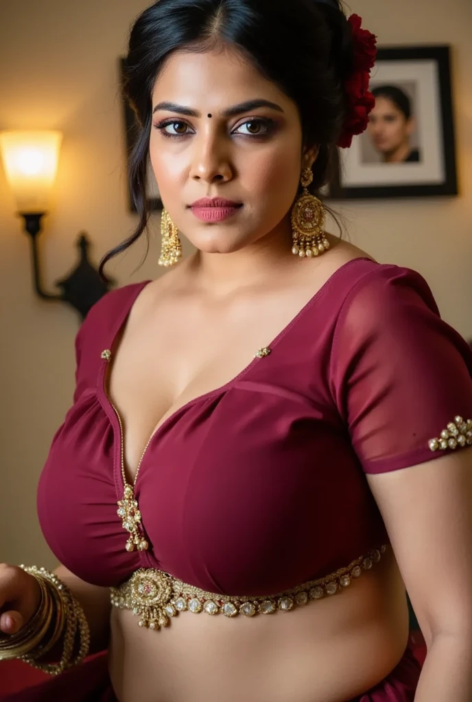 Sexy fat plus size indian bhabhi looks like aishwarya rai wearing chocolate brown blouse and purple saree, she has fleshy hands and fat wide belly