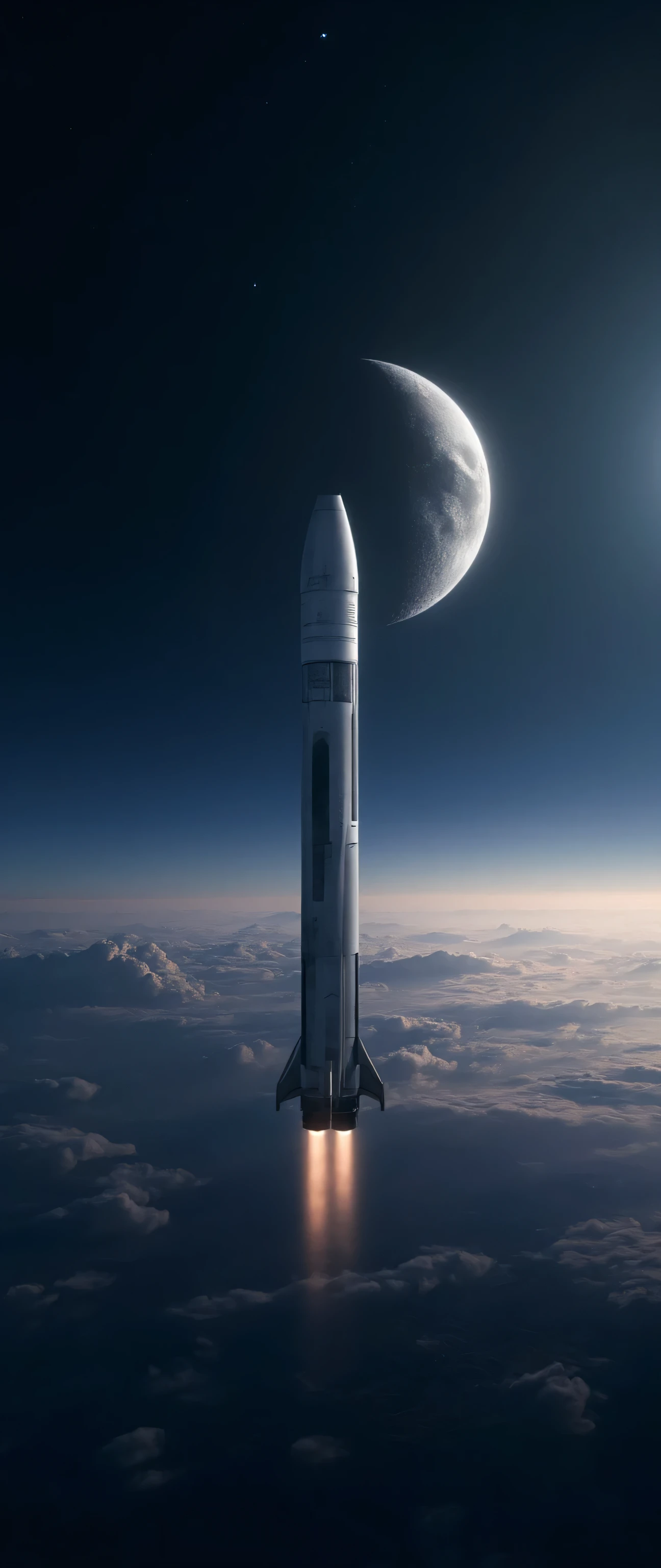 最High Quality、High Quality、Spaceship SpaceX Rocket Crossing the Moon、Night Sky High Definition 8k Wallpaper、View of Earth's Atmosphere in Outer Space、Star and Moon Details、Photorealistic Orientation y、Highly Detailed Atmospheric Scenery、complicated、high detail、nebula、solar system、Cosmic rays、SpaceX Space Rocket。