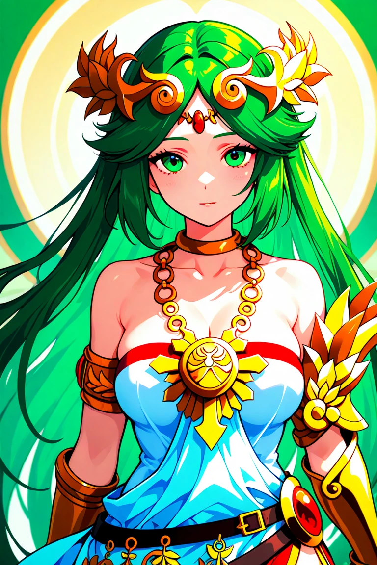 (masterpiece,best quality,ultra-delicate,Perfect Face,16k,high resolution,very beautiful woman), Atsugessho:1.3,deep green hair,blue latex bodycon dress, long latex gloves, green tights, (huge breasts,sexy pose), gold headpiece, pale blue skin, red gem on forehead, pink mist, ((cosmetics counter)), holding large red ball on rope, necklace, smirk, (extremely glossy),cowboy shot
