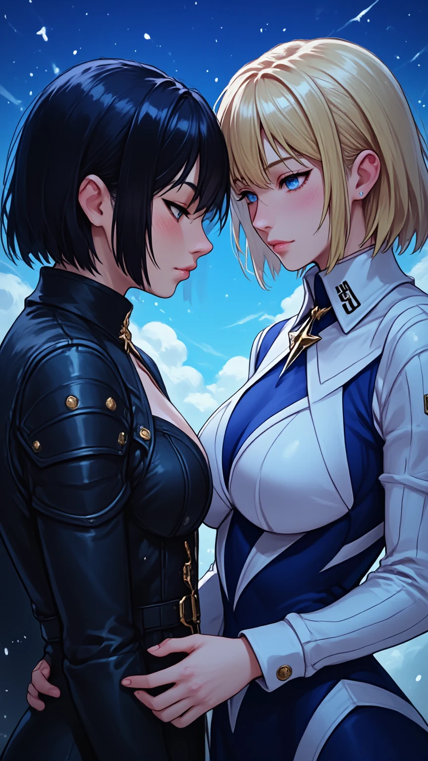 2girls, pharah and mercy, overwatch, blonde hair, black hair, deep v neck, dress, lesbian