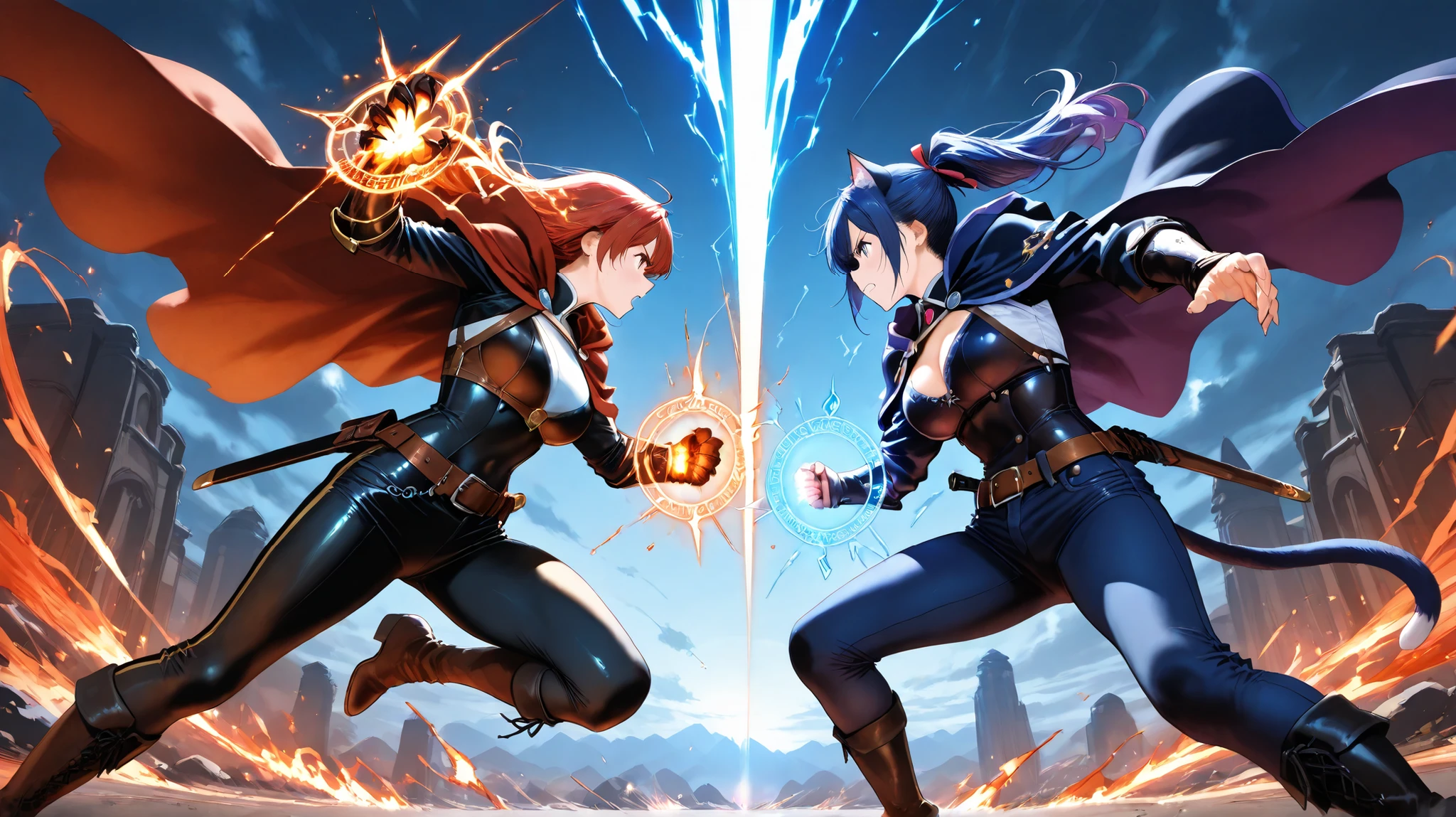 a dramatic battle scene between two anthropomorphic cat warriors, one casting elemental spells with fire and water, wearing a mage's cloak with runes, and the other a wild-haired fighter in leather and denim, slashing through magic with claws and energy, epic confrontation, sparks flying, magic colliding, fantasy setting, cinematic lighting, dynamic composition --v 5 --ar 16:9