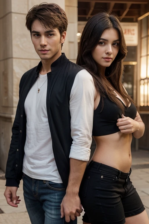 After completing the repair, Damon Salvatore a hot muscular gothic guy and Sara a short black hair lady stand triumphantly beside the Mustang GT. Damon’s fitted t-shirt and worn jeans are smeared with grease, his stance confident and proud. Zara, with her short black hair slicked back and her tank top clinging to her curves, mirrors his pose. They exchange a satisfied look, their hard work and the hot, sunny weather creating an undeniable spark between them.