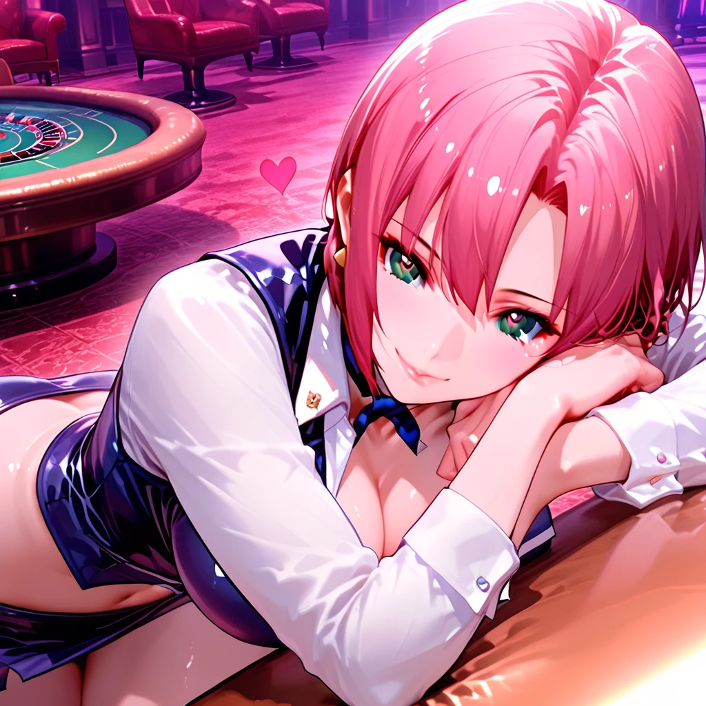 (1 girl),(Best Picture Quality, 8K, Masterpiece:1.3), (high school student:1.5), ((pink lob hair:1.1)), (bob cut),(swept bangs), (cute eyes, pupil black, iris skyblue, youthful face), (mole under right eye), (standard weight), (small breasts),(big hip),(glistening skin:1.1),(pale skin:1.2),VIP lounge in casino, (breasts out:1.2), (nipples:1.3), (nsfw:1.1),(toe job:1.2), 1penis, 1boy