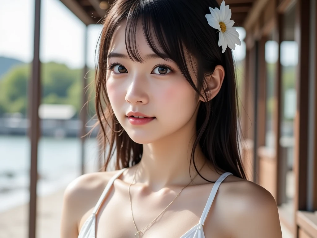 (ultra realistic) , (illustration), (increase resolution), (8K), (extremely detailed), (best illustration), (beautiful detailed eyes), (best quality), (ultra-detailed), (masterpiece), (wallpaper), (detailed face), solo,1 girl, looking at viewers, black straight hair, delicate details, in the dark, deep shadow, low key, pureerosfaceace_v1, happy smile, summer dress, full body, flower garden