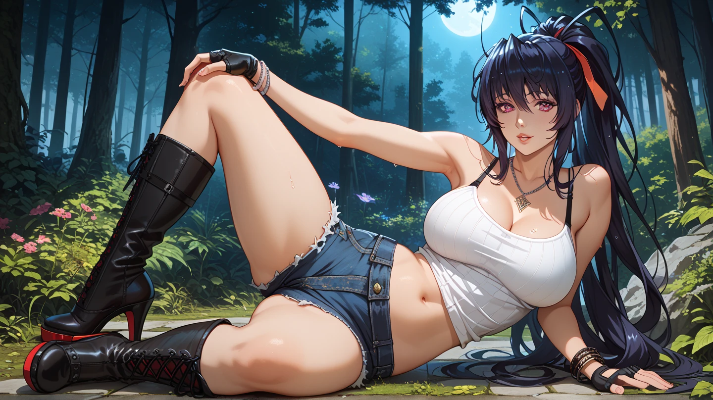 realistic, 1girl, full body, black short hair, cat ear, glowing pink eyes, thin shirt with only one button, sexy skirt jeans, underboobs , hands tied into a back hair, parted lips, big breast, blush, standing, midnight, hyper-detailed, high quality, 8k, photorealistic, professional digital painting, dramatic lighting, vibrant colors, intricate details, serene atmosphere, natural environment, ethereal, dreamy