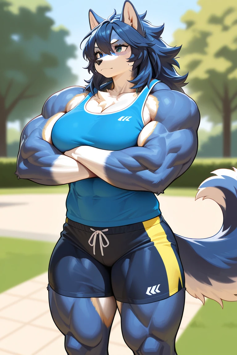 (anthro)) werewolf, Ross Tran, by ruan jia, by zaush, by foxovh, by cutesexyrobutts, by cervina_7, by sligarthetiger, Best Quality, masterpiece,, Illustration, Wallpaper,1girl in, Solo, black hair,ponytail hair, hair black with highlights blue, dot piercings 3 in 2 row down her snoot, purple/pink eyes, Beautiful detailed girl, extremely detailed eye and face, black dragon tattoo on her arm, Beautiful detailed eyes, natural_Lighting, Looking at Viewer, Thick_thighs, big ass, tall, hourglass figure, fit body, abs, muscular, sweaty, female, cute, wearing gym cloths, in gym, bench pressing, lifting bar with weights, view from top to bottom , large breasts, natural breasts, tail, tall, happy expresion, wide hips thin waist, 8k