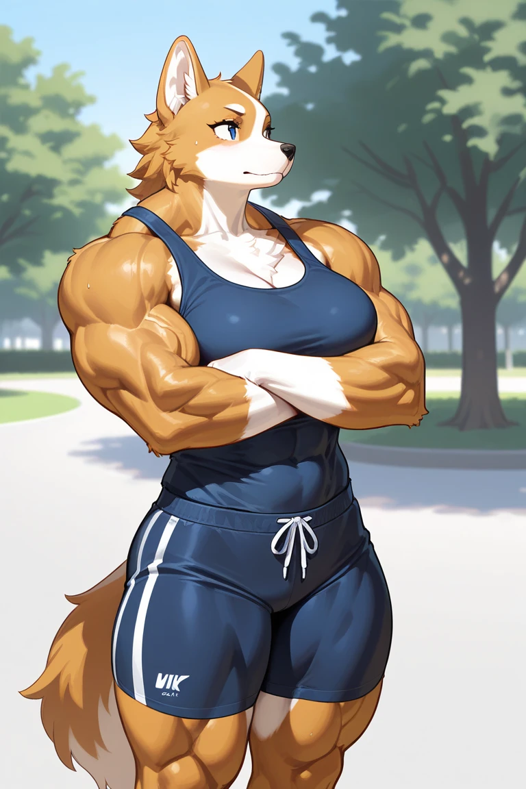 By bebebebebe, by wsache, by greasymojo, by inu-sama, solo, standing, female, athletic, muscular, big biceps, sports bra, cleavage, (((defined abs))), (((hair, snout, detailed eyes))), grey dobermann,