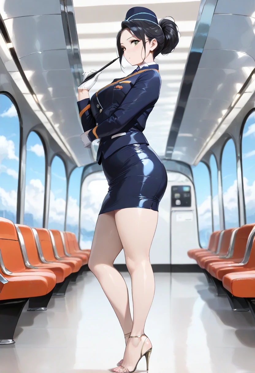 anime screencap, 1 girl, solo, grey hair, hair up, braid, ribbon, light blue eyes, blue outfit, thighhighs, shademc, shademon, full body, front view, running, scared, very scared, looking back, cowboy shot, indoors, train interior, wagon   <lora:Alice Elliot:0.9>