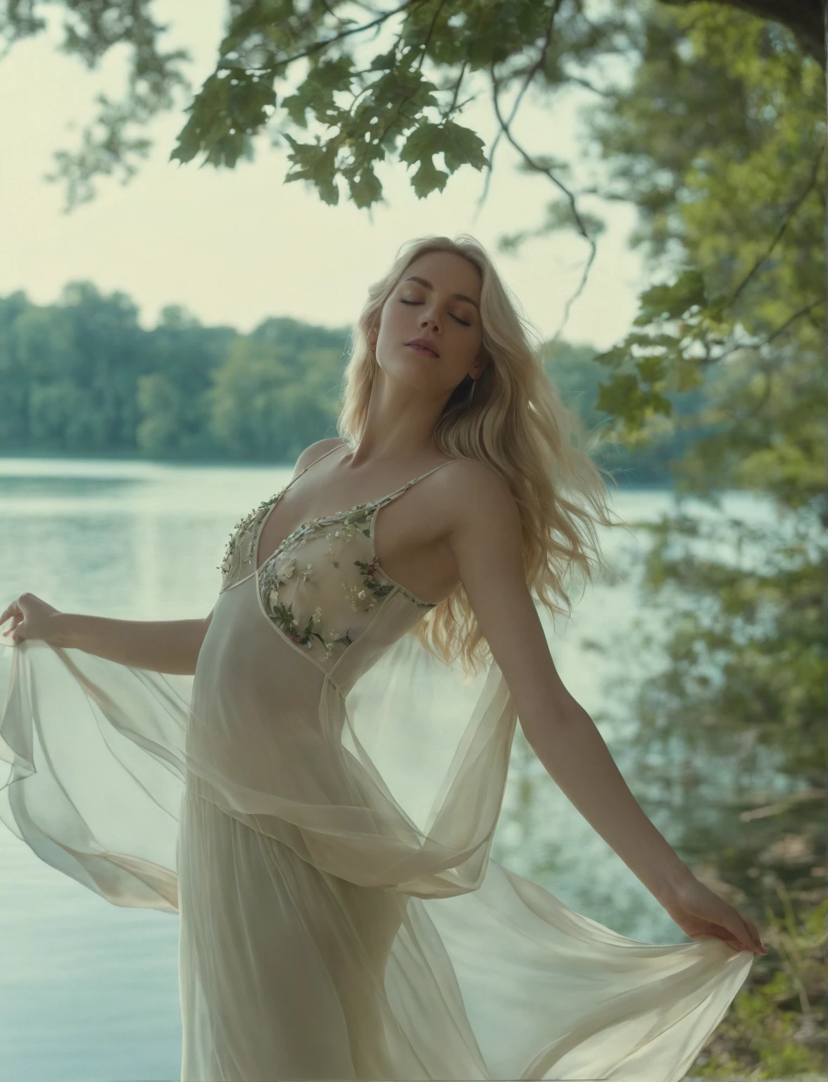 In this vivid scene, Ria Dersaut graces the surrealistic landscape adorned in a strong, confident demeanor, wearing an ethereal gown with intricate patterns, as she effortlessly floats amidst this dreamy setting, captivating everyone's attention while striking her graceful pose, perfectly framed by the artistic bird's-eye view camera angle. <lora:snhulq18f8b70b60az3d6:1>