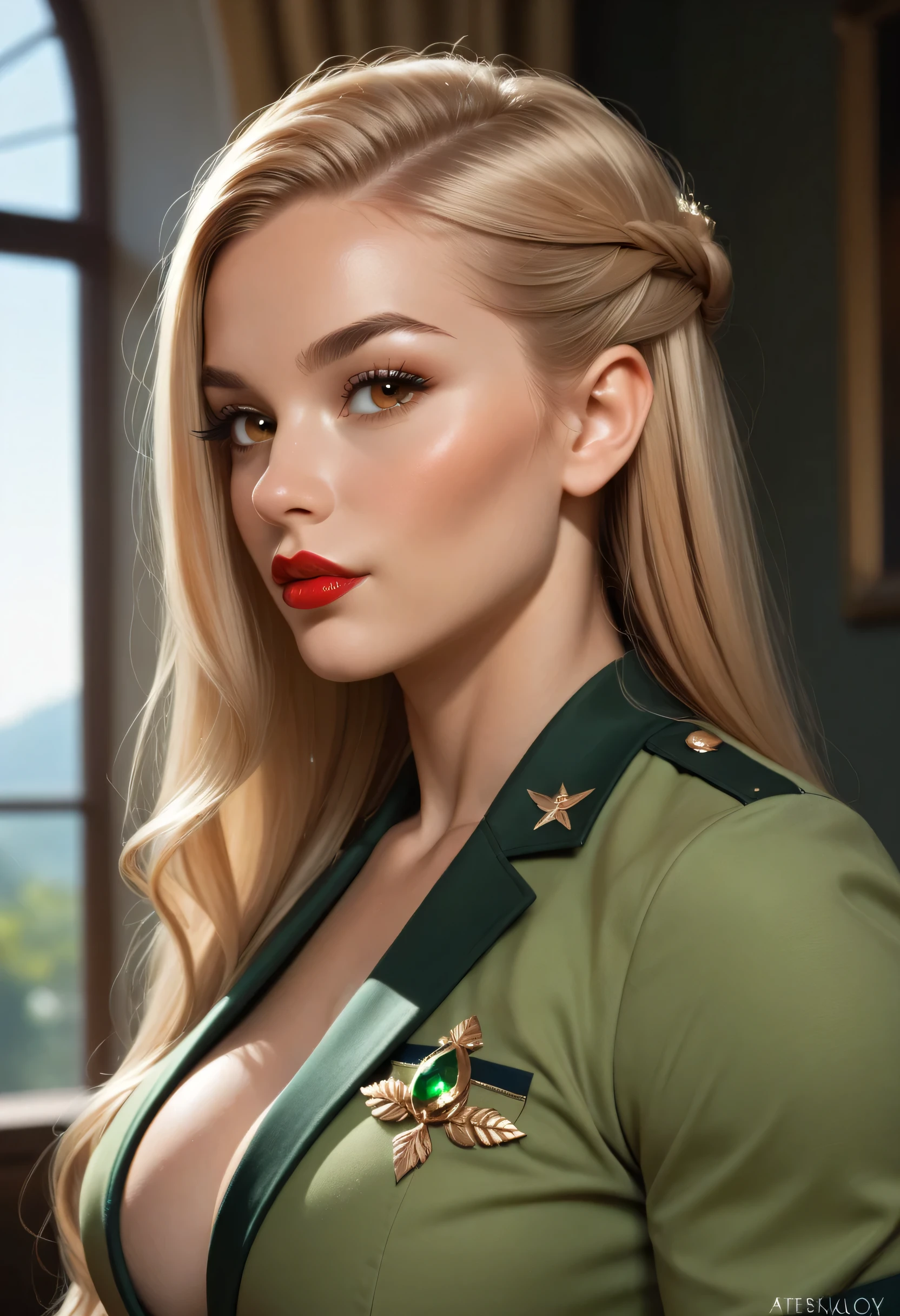 (Perfect face) (Long Hairstyle, Bright Blonde Hairstyle) (Black Thin Eyebrows, Glowing Brown Eyes, Nose, Bright Red Lips) (Beautiful Female) (Female Elf, Green Uniform Top) (Female Muscular, Perfect Body, Beauty Female) (Large Breasts, Perfect Breasts) (From Side, Looking At Viewer)