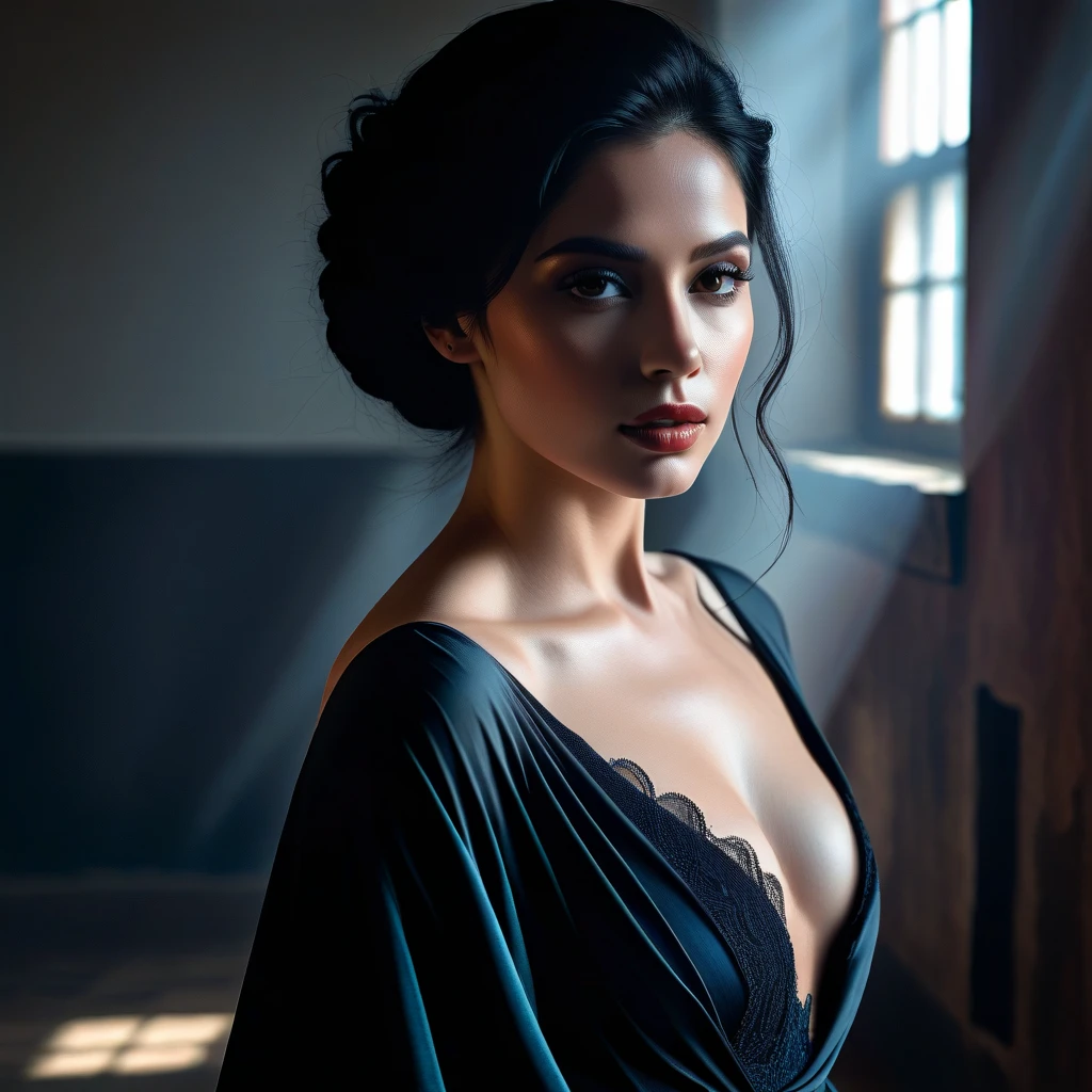 a beautiful indian woman, flawless skin, goddess-like figure, high-collar dress, woman in black dress, profile shot, oil painting, hyper realistic, award winning art, ultra detailed, cinematic lighting, dramatic shadows, warm color palette, golden hour, masterpiece, octane render, artstation, concept art, digital painting, highly detailed, sharp focus, photorealistic, 8k, best quality