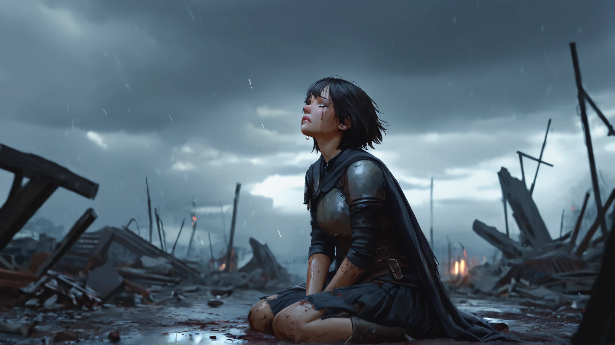 a sad, broken girl archer crying under a grey, medieval theme rainy sky on a battlefield, she lost her beloved warrior, she is looking up and calling outdetailed portrait of a young girl, short dark hair, tear-stained face, eyes closed, mouth open in anguished cry, shoulders slumped, kneeling on muddy ground, grey cloudy sky, abandoned weapons and debris scattered around, highly detailed, cinematic lighting, dramatic atmosphere, digital painting, masterpiece, photorealistic, 8K, HDR, physically-based rendering, vivid colors, moody, somber