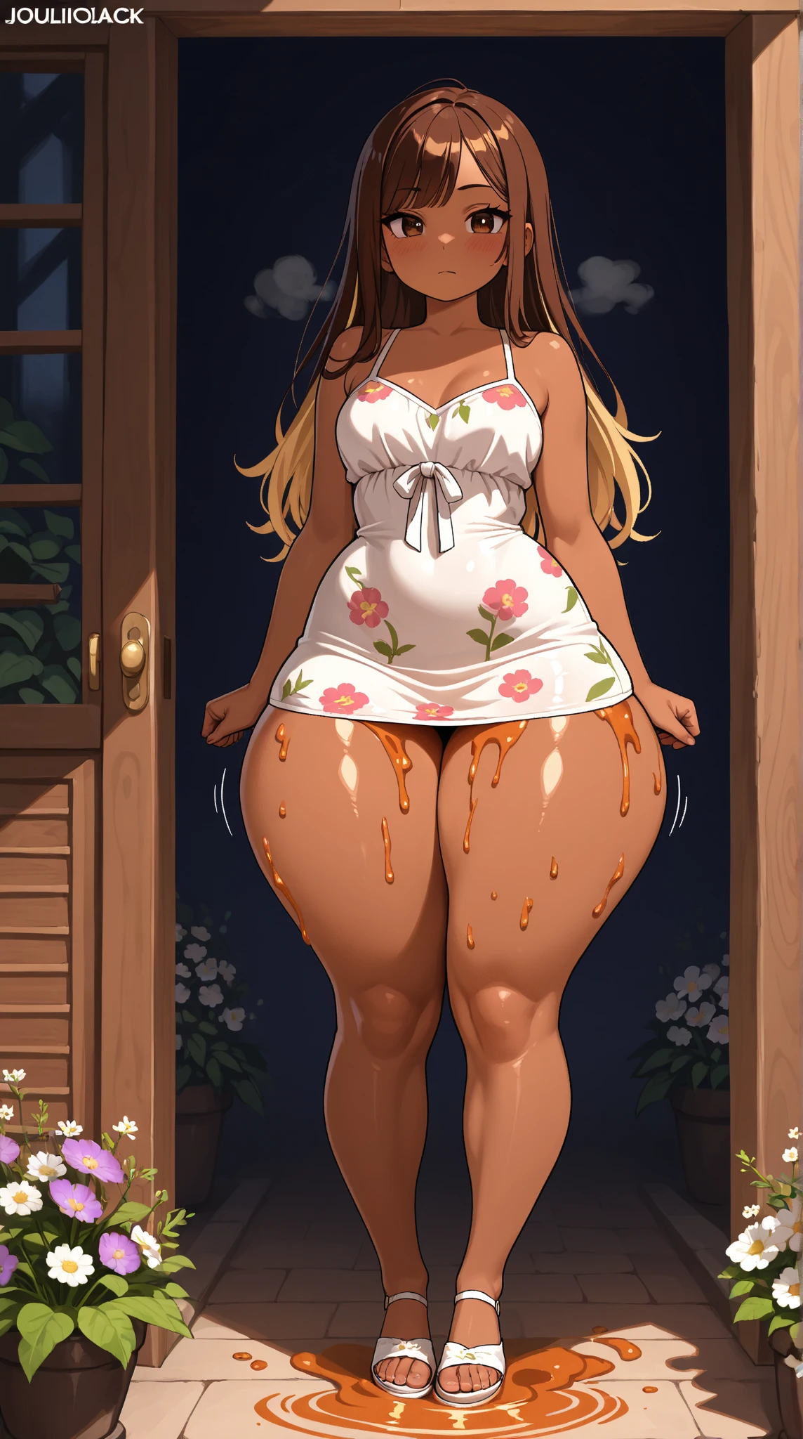 Tall girl with pink hair with cat ears wears a short black sweater and a short black skirt and black stockings on her legs with big breasts and wide hips and wears glasses and has a pink cat tail and a cute expression.