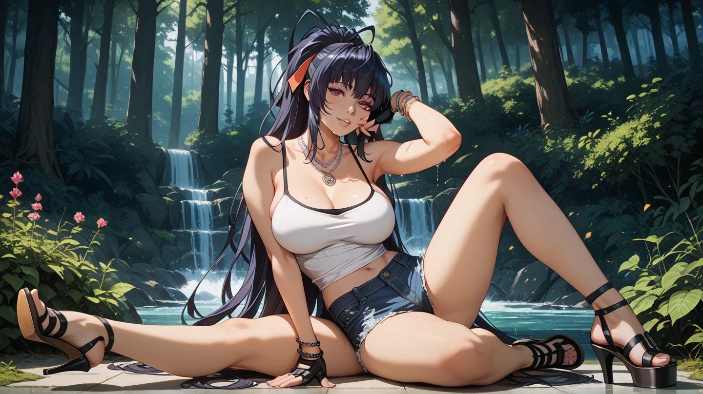elza, gynomorph, blue hair, anthro, (black bikini), short blue shorts with open button, medium breasts,, solo, (masterpiece, best quality), brown eyes, brown nose, sitting in park, hyena, long blue hair, looking at viewer, hands breast, perfect body, furry, masterpiece, best quality,
