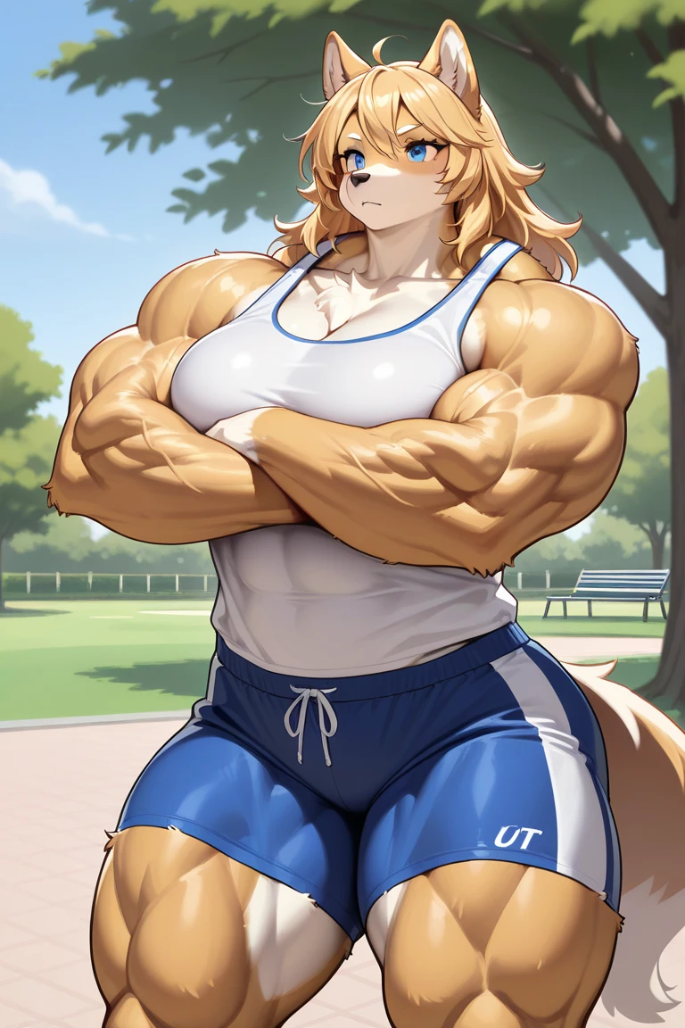 furry, female, wolf, (huge muscles:1.3), broad shoulders, thick arms, thick thighs, curvy, big breasts, (two toned fur, brown fur, white fur), (blonde hair, long hair, straight bang, hair in a ponytail), blue eyes, (wears blue bikini and black shorts and sandals), full body, smile, standing, detailed background, beach, lighting, background