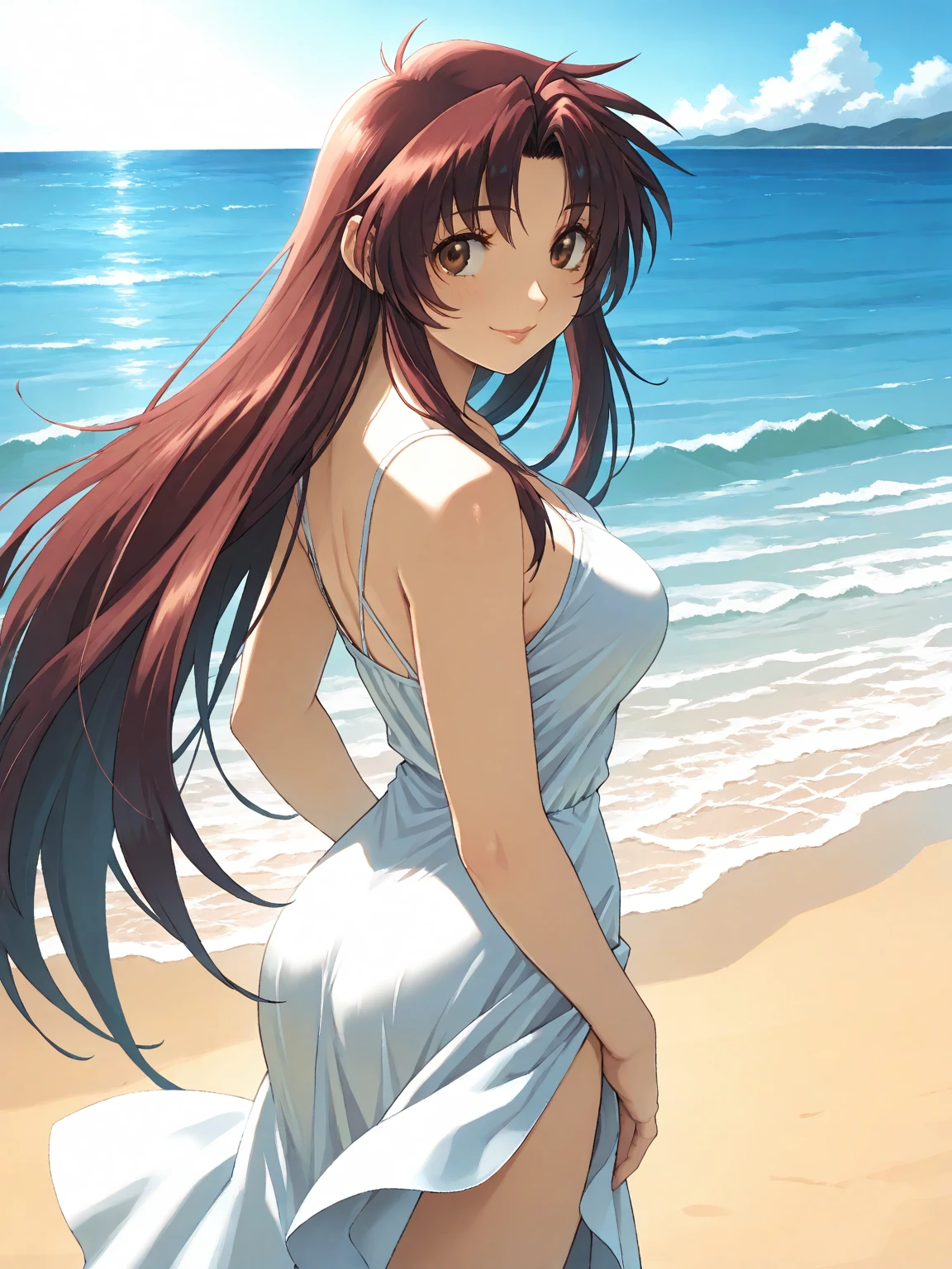 masterpiece, rich colors, Best quality, detailed, high resolution, Hyper quality, high detail, , high quality, detailing, skinny sexy girl on the beach , bright lighting , green eyes, Anime, palm trees, bright lighting, redhead,