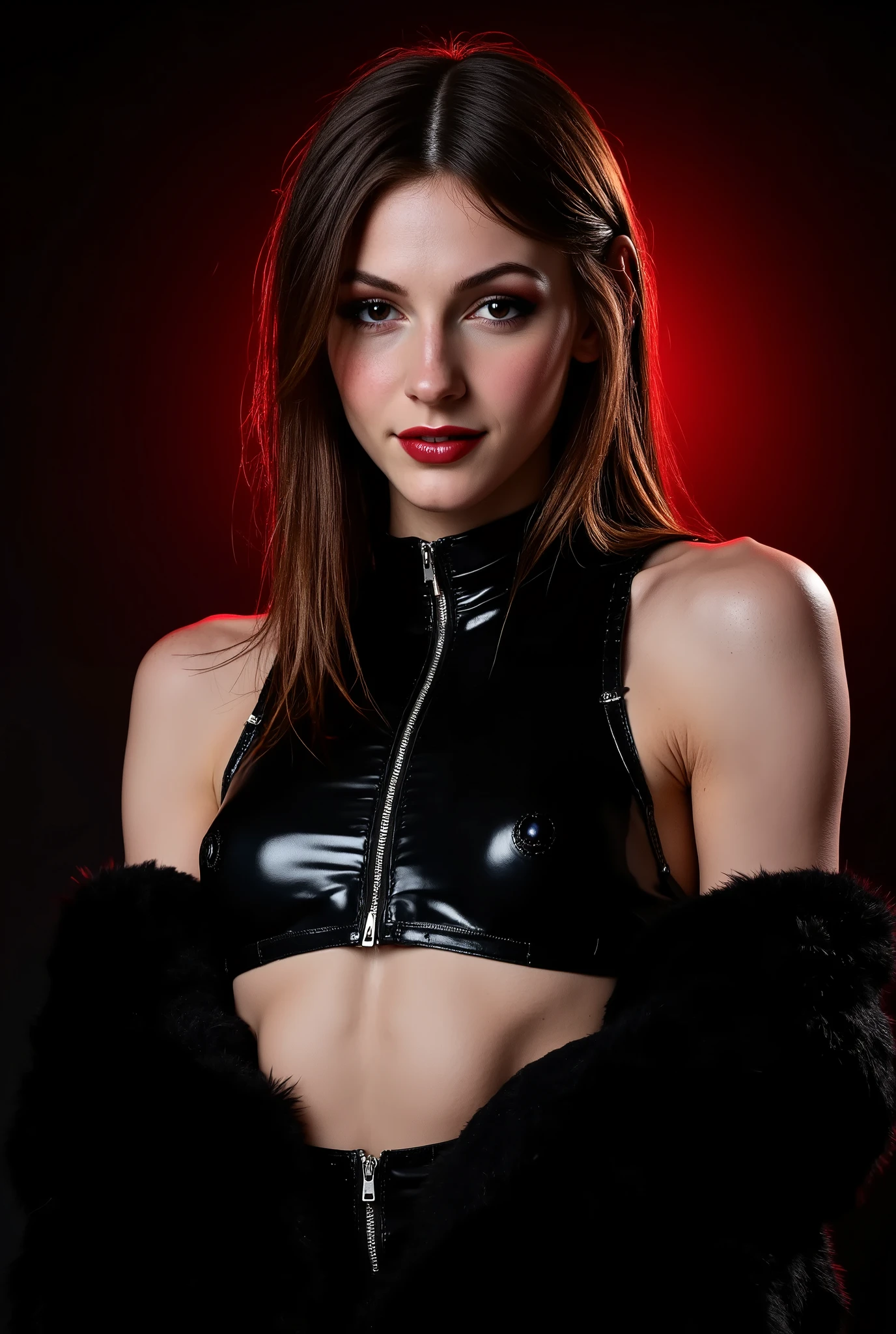 (masterpiece, best quality:1.2), 1girl, solo, transgender woman, (makeup:1.4), beautiful smile, turtleneck latex outfit, zipper, highly detailed fur, natural skin texture, 4k textures, Highly detailed perfect , Lightroom, Intricate, Ultra-Realistic, Out There, (HDR:1.3), UHD, (Intricate Detail, Hyper-Detailed:1.1), Cinematic, Photoreal, (Dark Shot:1.2), Dramatic, High Contrast, (Warm Color:1.1) , muted colors, master piece, elegant, sharp focus, looking at the viewer, black to red gradient background, solid dark black with red gradient background, neutral studio background